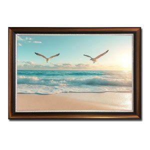 Bức tranh treo tường đẹp với hình ảnh đôi chim hải âu bay lượn trên bãi biển