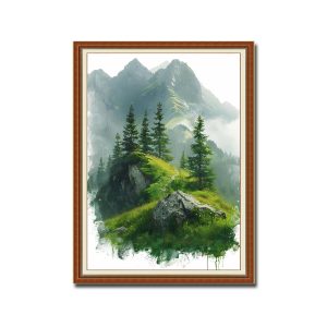 Bức tranh phong cảnh đẹp khổ đứng tạo hình núi non hùng vĩ thơ mộng