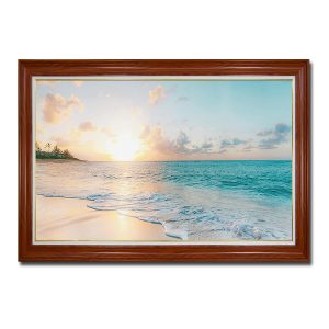 Bức tranh treo tường phong cảnh biển đẹp bình minh lên trên bãi biển cát trắng sóng nhẹ vỗ bờ
