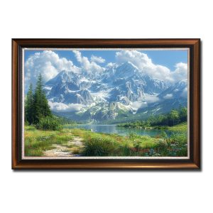 Bức tranh phong cảnh thiên nhiên đẹp với cỏ xanh cây cối, hồ nước, núi non, trời xanh mây trắng