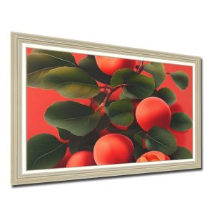 Bức tranh treo phòng ăn đẹp hình ảnh những quả mơ và lá trên nền màu đỏ rực nổi bật