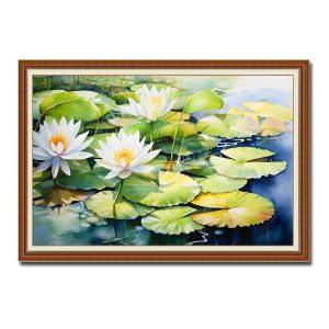 Bức tranh đầm hoa súng đẹp vẽ kiểu màu nước với gam màu tươi