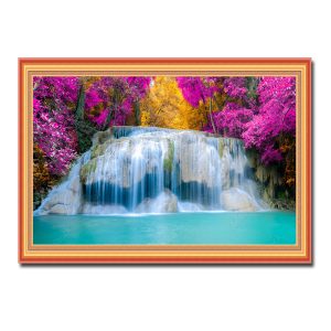 Bức tranh treo tường đẹp hình ảnh thác nước và hồ nước trong xanh giữa khu rừng cây sắc màu rực rỡ