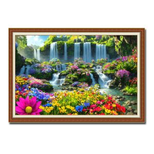 Bức tranh thác nước và cây cối hoa cỏ đa sắc màu rực rỡ
