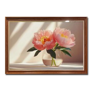 Bức tranh treo tường đẹp hình ảnh bình hoa mẫu đơn 2 bông màu hồng đẹp cắm trong lọ trong suốt