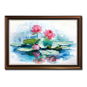 Bức tranh treo tường đẹp đầm hoa sen hồng kiểu màu nước nghệ thuật