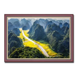 Tranh phong cảnh Ninh Bình đẹp hình ảnh sông Đồng Ngô và cánh đồng lúa chín vàng thơ mộng 'lọt' giữa núi non hùng vỹ