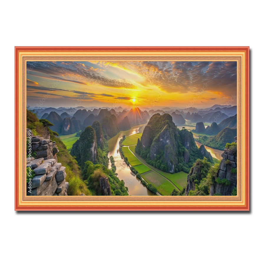 Bức tranh treo tường đẹp phong cảnh non nước Ninh Bình dưới ánh nắng vàng rực rỡ