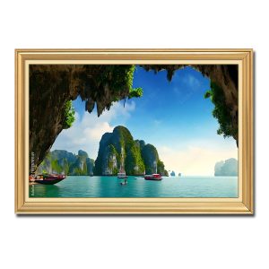 Một góc nhìn ấn tượng từ cửa động ra biển Vịnh Hạ Long trong bức tranh treo tường khổ ngang đẹp có khung