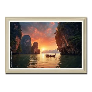 Tranh phong cảnh Vịnh Hạ Long đẹp với mặt trời tỏa ánh nắng đỏ rực