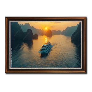 Bức tranh treo tường đẹp hình ảnh du thuyền trên vịnh Hạ Long dưới ánh sáng vàng bình minh