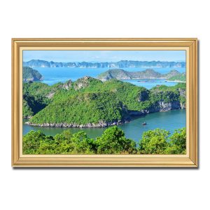 Một bức tranh đẹp về phong cảnh biển Vịnh Hạ Long với gam màu xanh mát dịu