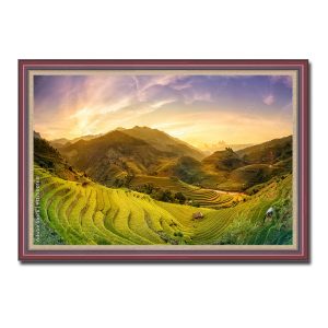 Tranh treo tường ruộng lúa bậc thang và núi rừng trong ánh nắng tỏa vàng ấm áp Amia90168