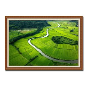 Tranh treo tường phong cảnh quê hương đẹp với dòng sông uốn lượn và cánh đồng lúa xanh mướt