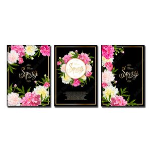 Bộ tranh ghép 3 bức đẹp hình ảnh hoa mẫu đơn và những câu slogan mùa xuân