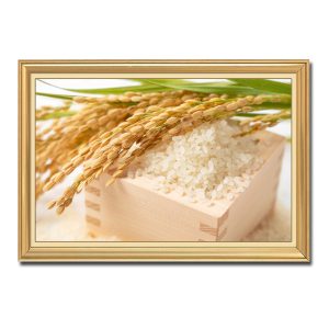 Tranh treo tường đẹp hình ảnh khay gỗ đựng gạo trắng và những bông lúa chín vàng