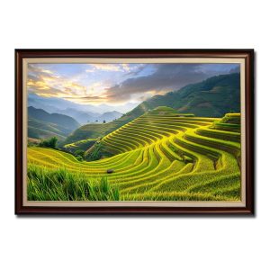 Bức tranh treo tường ruộng bậc thang mùa lúa chín vàng và phong cảnh núi non đẹp