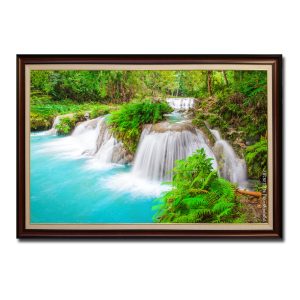 Bức tranh phong thủy đẹp thác nước chảy từ trên rừng xuống hồ trong xanh