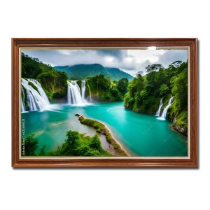 Bức tranh thác nước đẹp chảy xuống hồ nước trong xanh phong thủy tốt lành