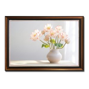 Bức tranh treo tường đẹp hình ảnh bình hoa sen trắng phớt hồng cạnh cửa sổ