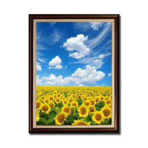 Bức tranh khổ đứng đẹp hình ảnh cánh đồng hoa hướng dương và bầu trời xanh mây trắng