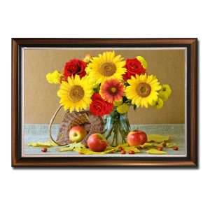 Tranh bình hoa hướng dương và các loại quả sắp đặt nghệ thuật