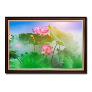Tranh treo tường đầm hoa sen hồng mờ ảo trong sương đẹp