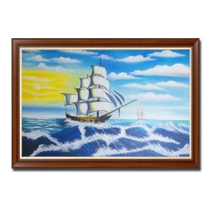 Tranh thuyền buồm thuận buồm xuôi gió đẹp vẽ bằng sơn dầu