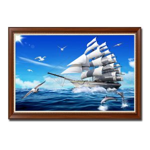 Bức tranh thuận buồm xuôi gió đẹp kết hợp cá heo và chim hải âu bay lượn