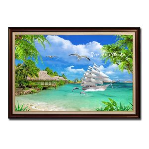 Tranh thuận buồm xuôi gió với phong cảnh biển đẹp sinh động