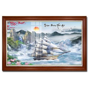 Bức tranh phong thủy thuyền buồm và phong cảnh núi non đẹp