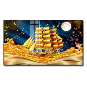 Tranh tráng gương thuyền buồm vàng và ánh trăng đẹp