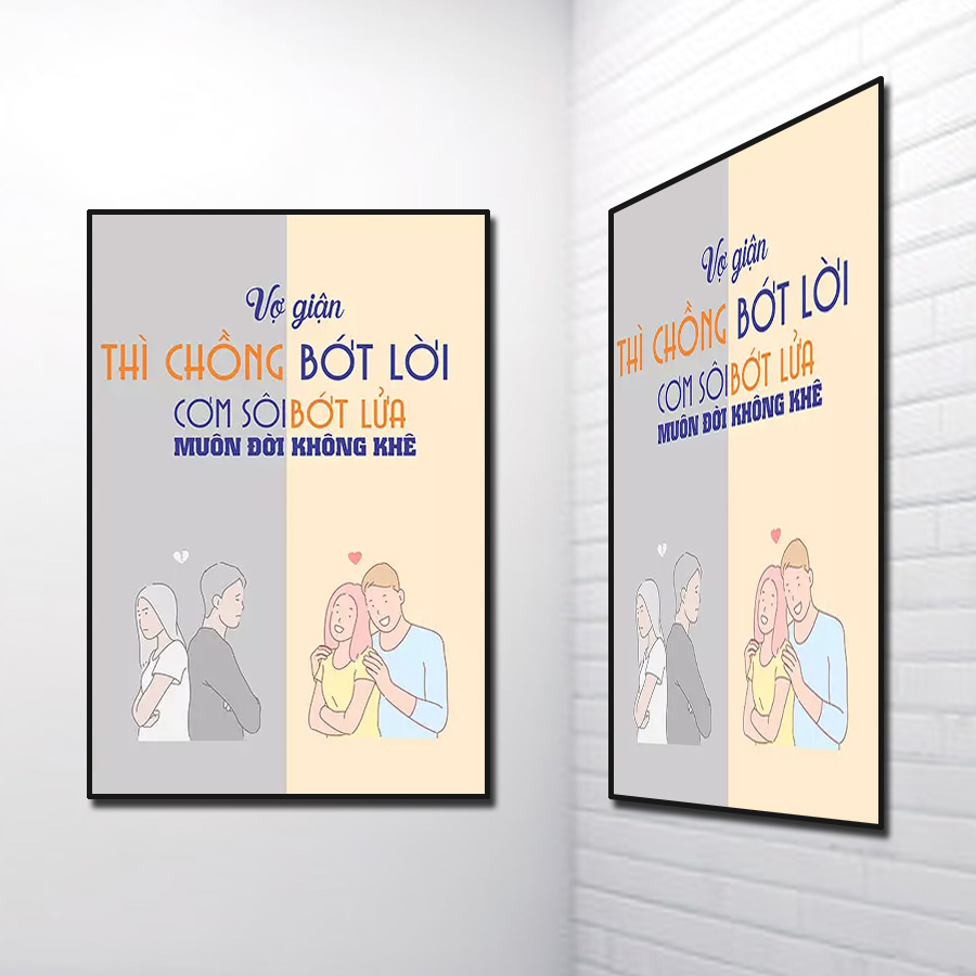 Tranh Slogan Tiếng Việt: Vợ giận thì chồng bớt lời, cơm sôi bớt lửa muôn đời không khê