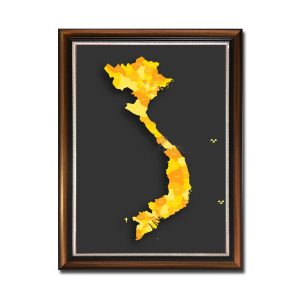 Bức tranh bản đồ Việt Nam đẹp với phần đất liền và các đảo có gam màu vàng nổi bật trên nền đen
