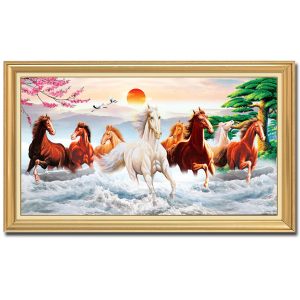Mẫu tranh mã đáo thành công đẹp hình ảnh đàn ngựa phi trên sóng mây