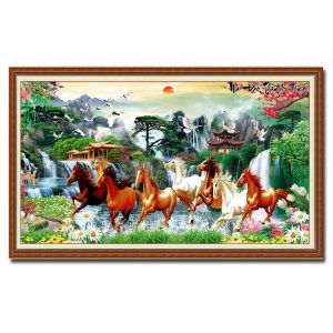 Mẫu tranh mã đáo thành công đẹp hình ảnh đàn ngựa và phong cảnh sơn thủy hữu tình thơ mộng