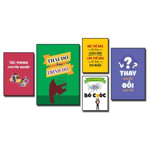 Tranh slogan tạo động lực: Tác phong chuyên nghiệp. Thái độ hơn trình độ. Nói thế nào để được chào đón làm thế nào để được ghi nhận. Người chiến thắng không bao giờ bỏ cuộc. Thay đổi câu hỏi thay đổi cuộc đời