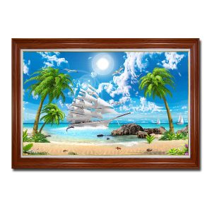 Bức tranh thuận buồm xuôi gió đẹp bãi biển, dừa xanh và mây trời trong xanh