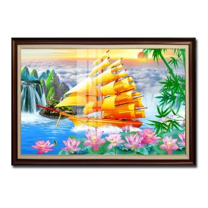 Mẫu tranh thuyền buồm vàng và phong cảnh thiên nhiên tươi đẹp