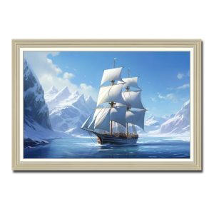 Bức tranh thuận buồm xuôi gió đẹp hình ảnh thuyền buồm trên biển xung quanh là các dãy núi tuyết phủ trắng