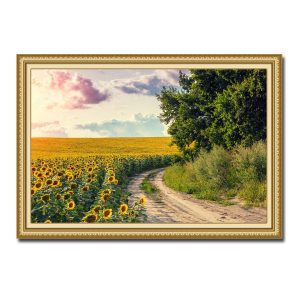 Mẫu tranh phong cảnh con đường và cánh đồng hoa hướng dương đẹp