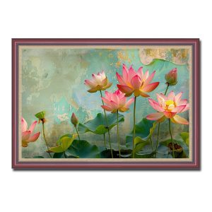 Bức tranh đẹp hình ảnh đầm hoa sen hồng trên nền tường xanh loang