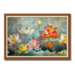 Bức tranh đẹp vẽ phác hoa hình ảnh hoa sen với nhiều gam màu