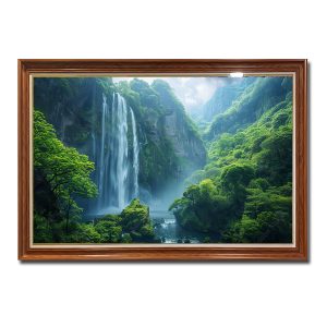 Mẫu tranh thác nước đẹp chảy từ vách núi xuống giữa rừng cây xanh mát