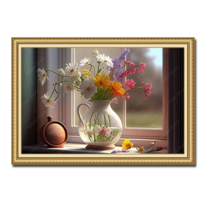 Mẫu tranh bình hoa đẹp đặt bên cửa sổ