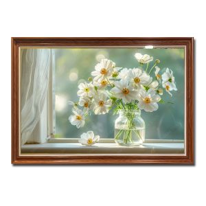 Mẫu tranh treo tường đẹp hình ảnh bình hoa trên bàn cạnh cửa sổ