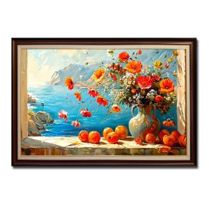 Mẫu tranh tĩnh vật đẹp hình ảnh bình hoa và những quả chín trên bàn cạnh cửa sổ