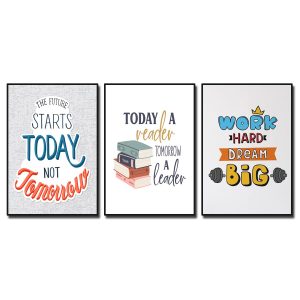 Bộ tranh slogan tiếng Anh: The future starts today not tomorrow. Today a reader tomorrow a leader. Work hard dream big