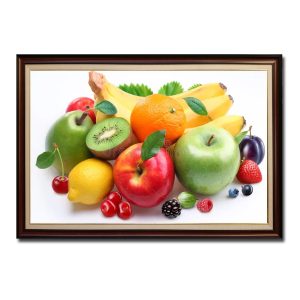 Tranh treo phòng bếp đẹp hình ảnh các loại quả chuối, cam, táo, kiwi, dâu tây, chery