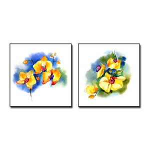 Bộ 3 bức tranh đẹp hình ảnh hoa lan vàng trên màu loang mây
